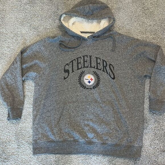 Gray Pittsburgh Steelers fleece Sherpa soft polyester Hooded Hoodie Sweatshirt - Picture 1 of 4